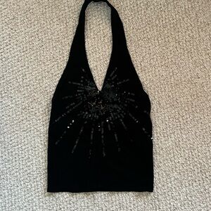 Black Halter Top with Beautiful Sequin Design - Backless with Drawstrings